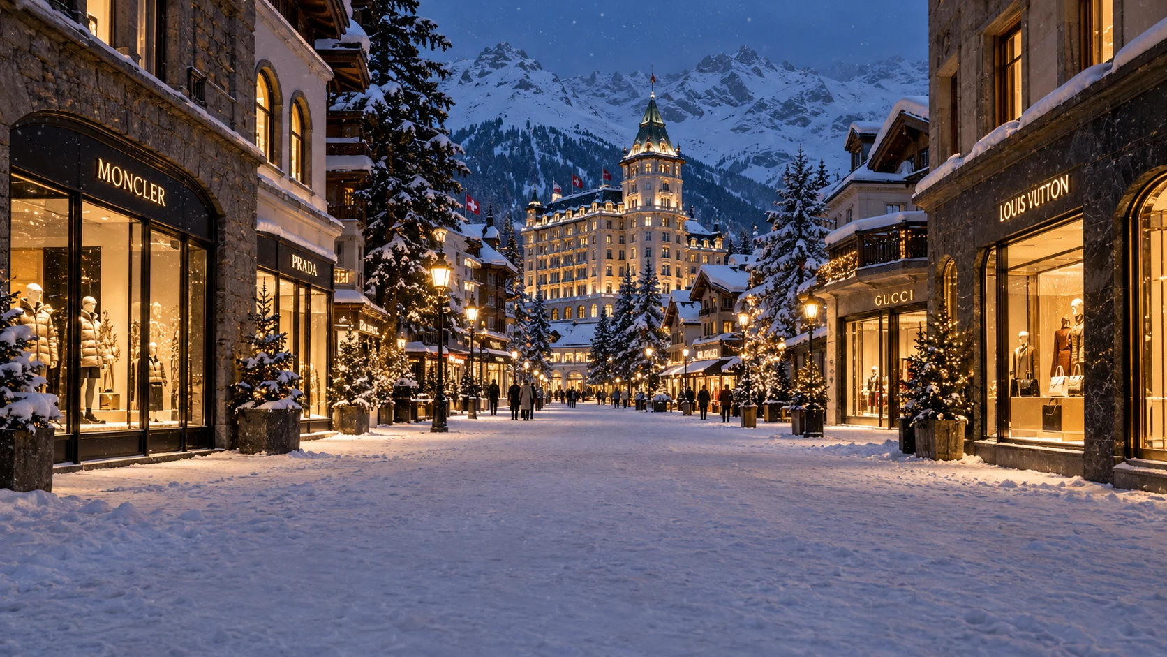A St. Moritz-inspired alpine shopping street, with snow, glowing luxury boutiques and mountains at dusk
