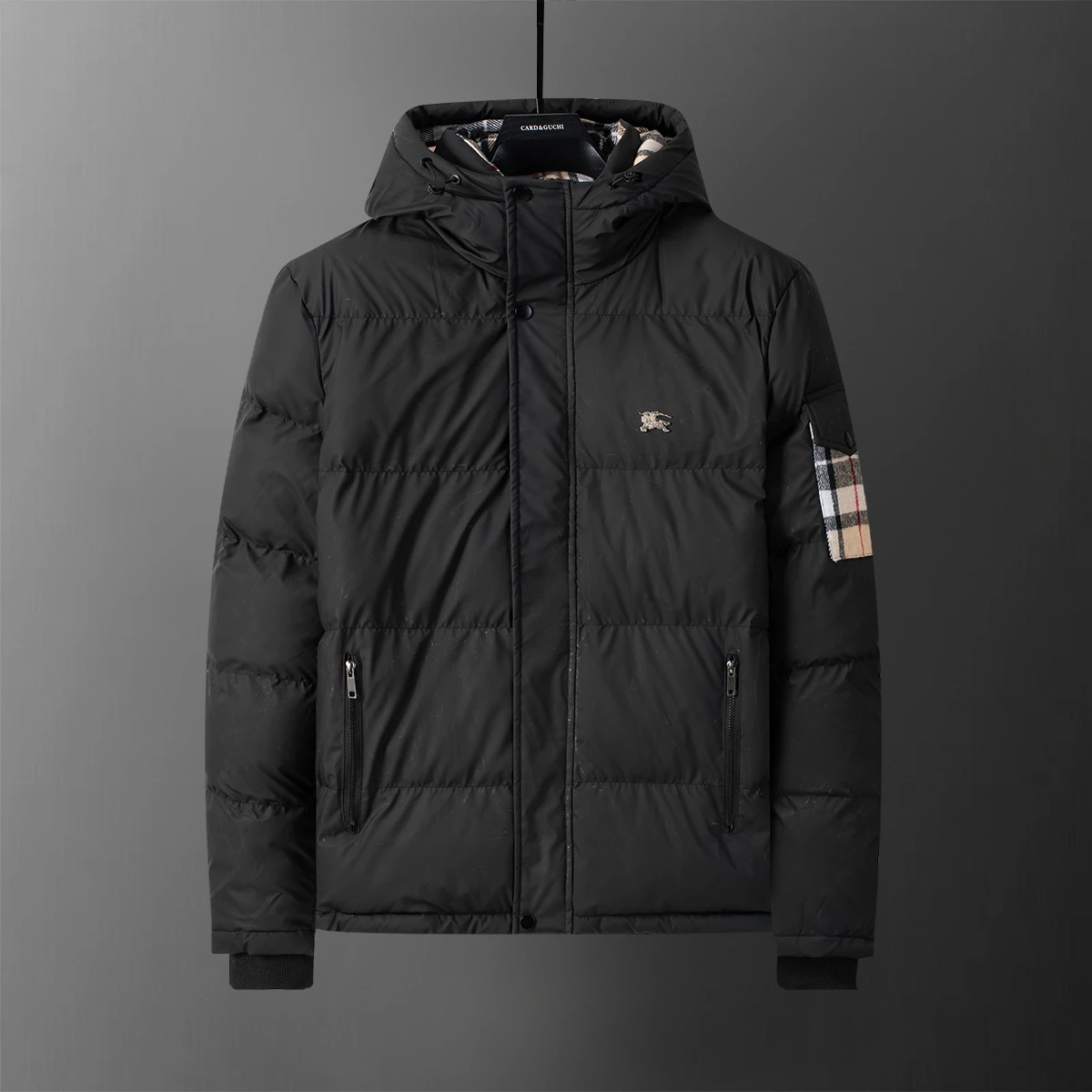 Black hooded padded jacket, front