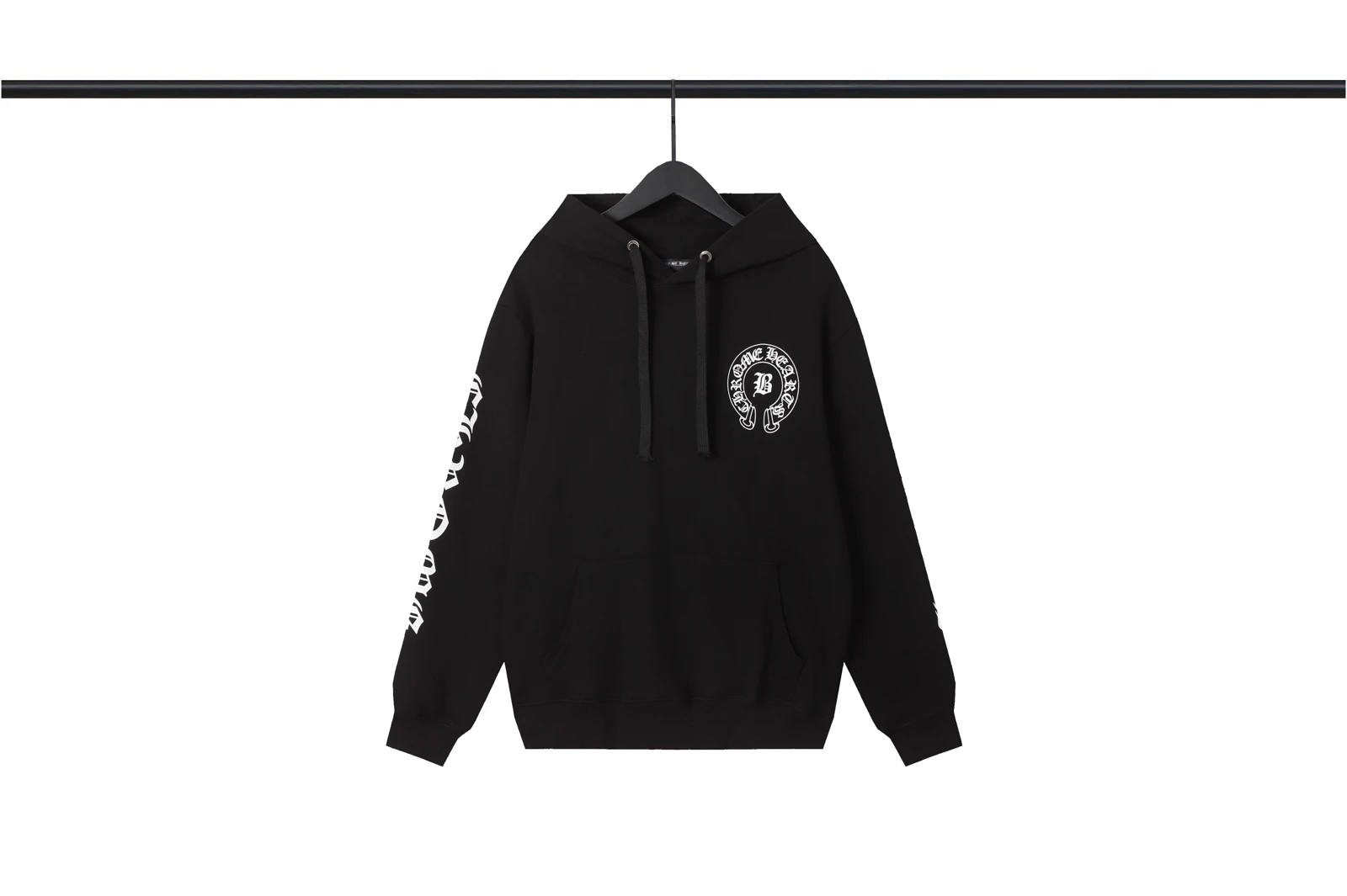 Black horseshoe graphic hoodie, front