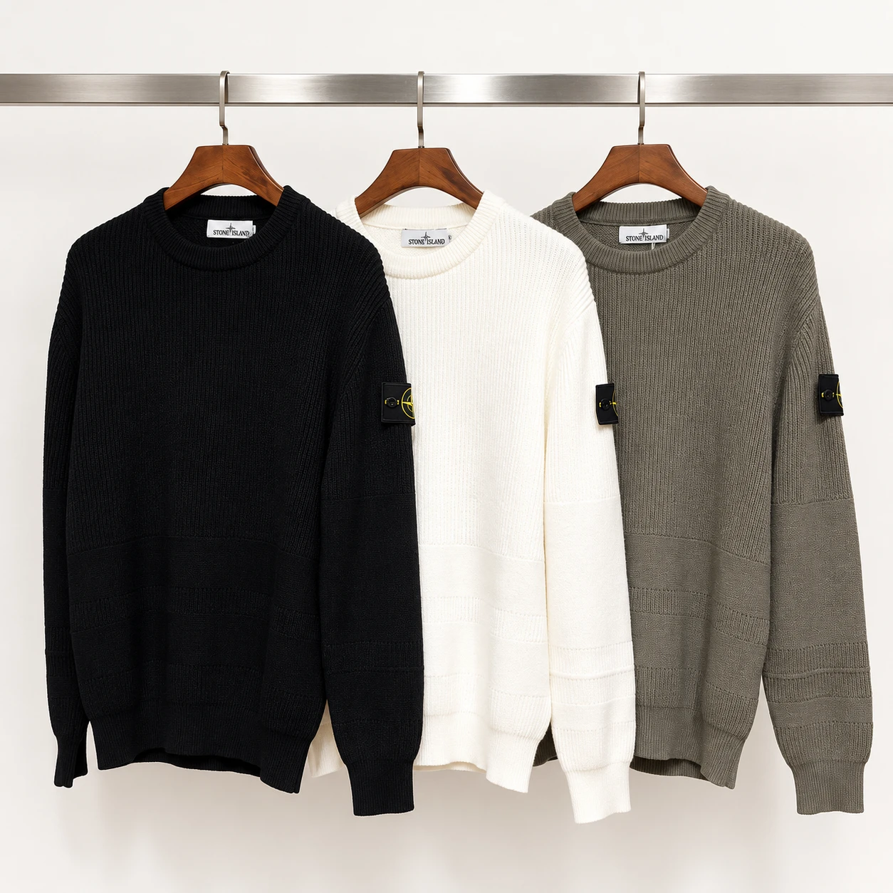 Black, white and grey ribbed sweaters, enhanced overview